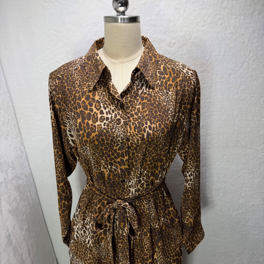 Diane Gilman DG2 Large NWT Cheetah Print Shirt Dress Brown Leopard Midi Belted
